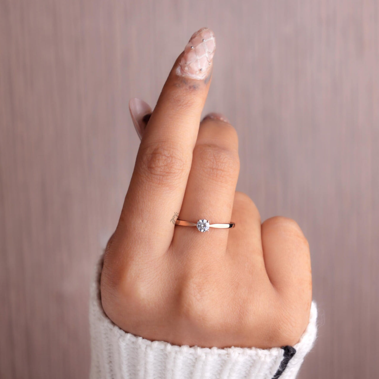Dainty Round Lab Diamond Solitaire Ring, 4 Prong Minimalist Rose Gold Ring