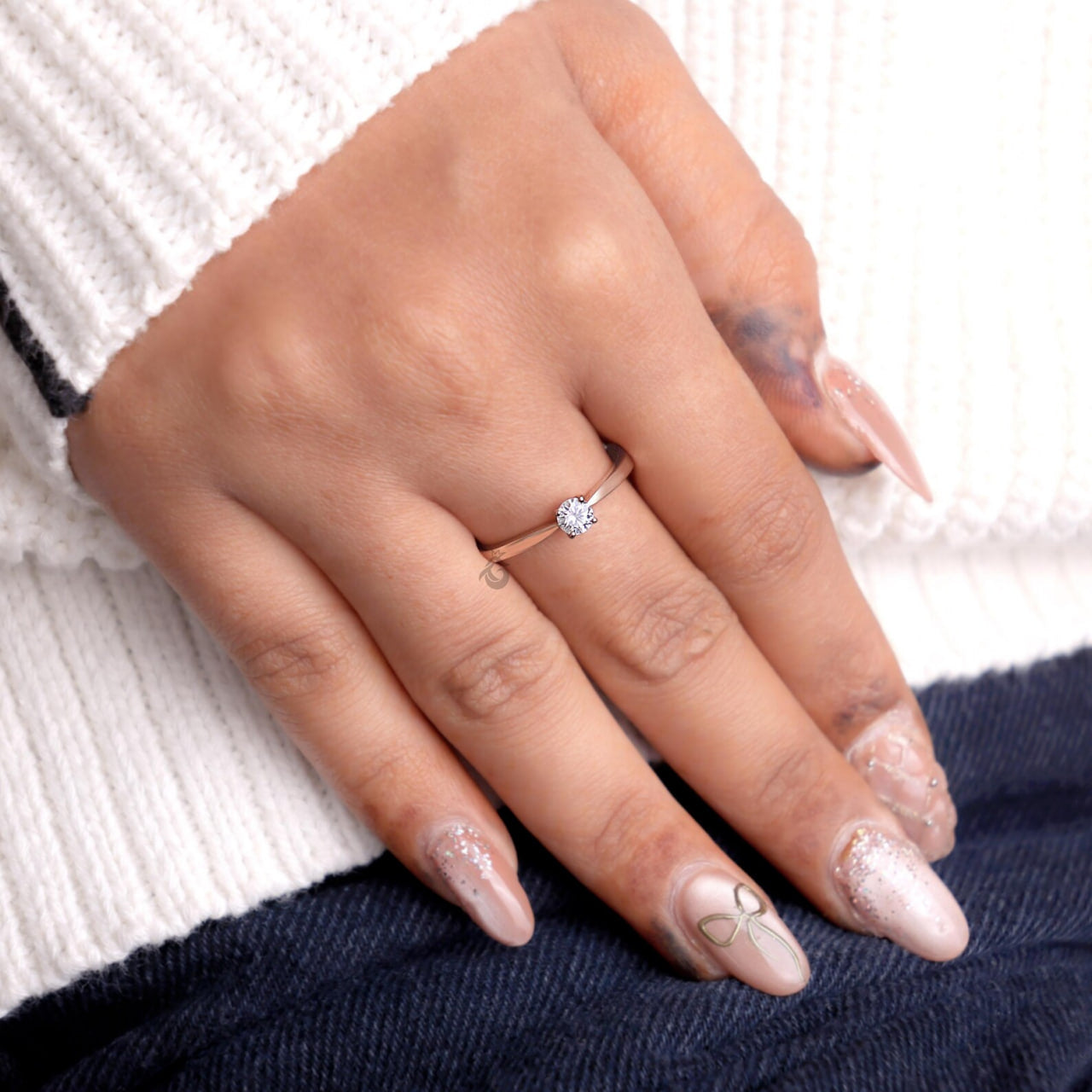 Dainty Round Lab Diamond Solitaire Ring, 4 Prong Minimalist Rose Gold Ring