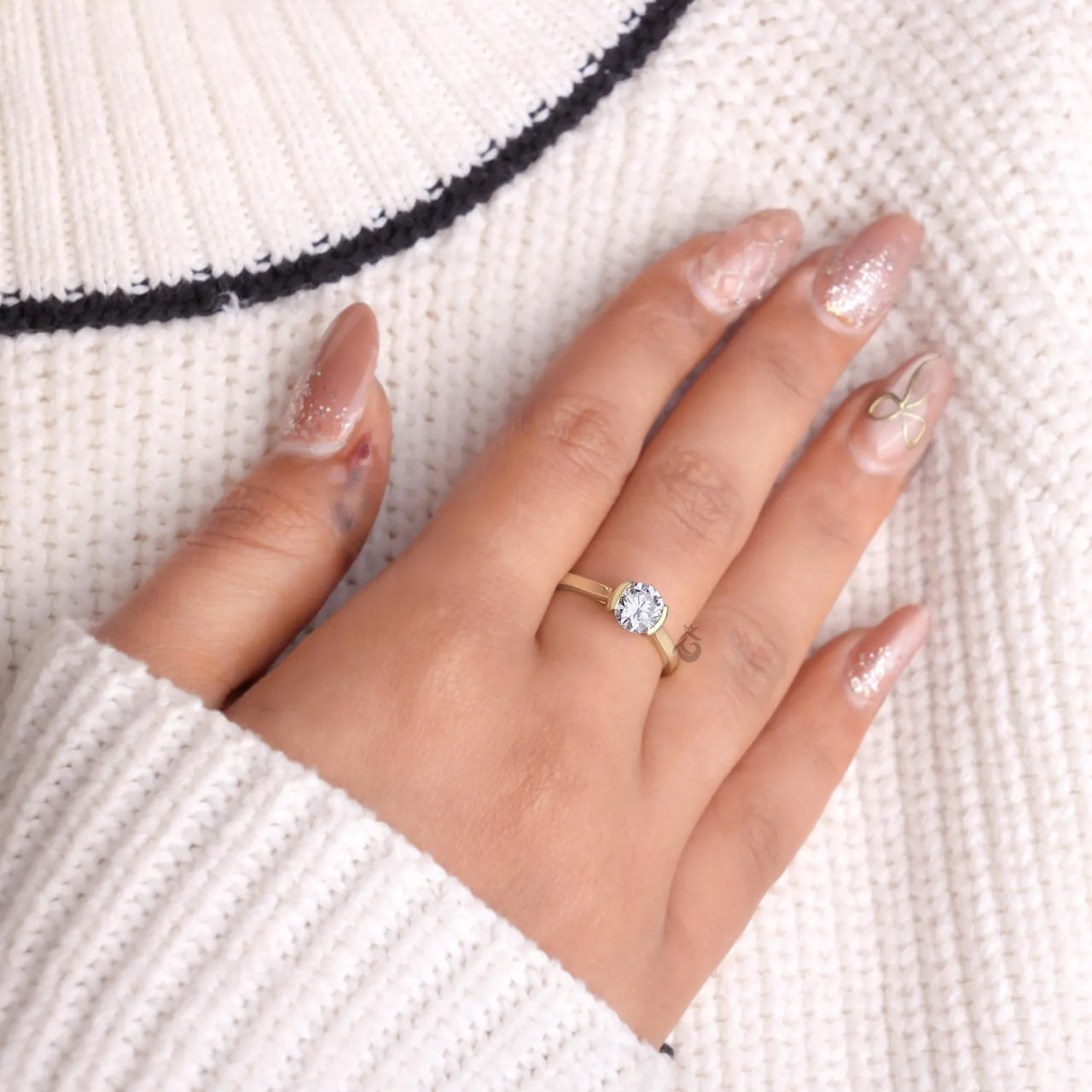 Half Bezel Lab Diamond Promise Ring, Dainty Solitaire Wedding Band for Her