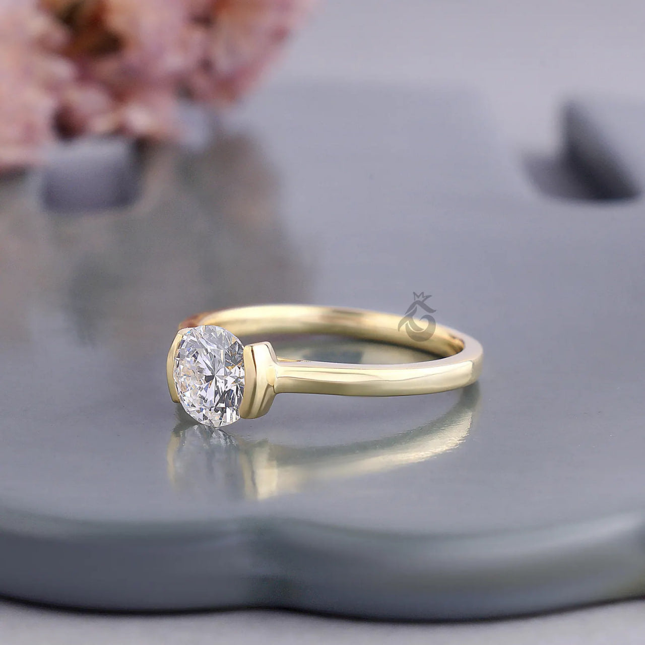 Half Bezel Lab Diamond Promise Ring, Dainty Solitaire Wedding Band for Her