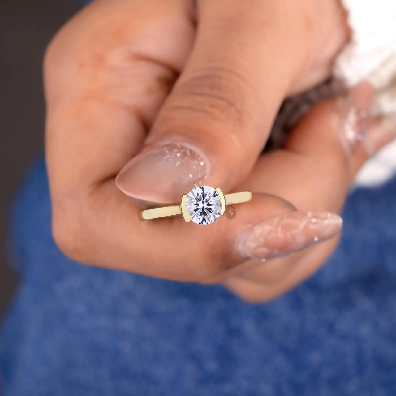 Half Bezel Lab Diamond Promise Ring, Dainty Solitaire Wedding Band for Her