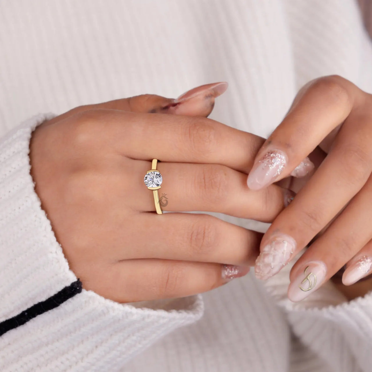 Half Bezel Lab Diamond Promise Ring, Dainty Solitaire Wedding Band for Her