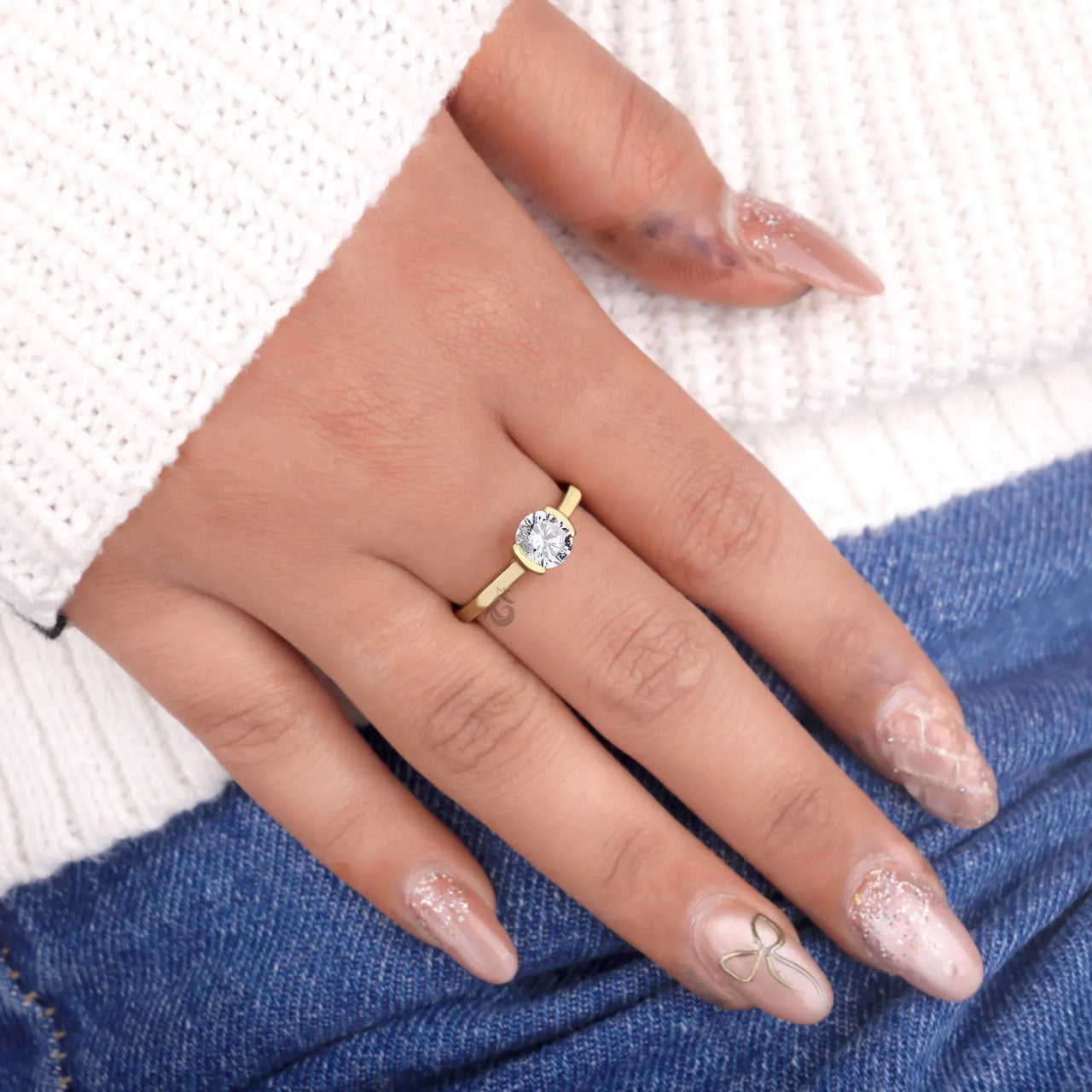 Half Bezel Lab Diamond Promise Ring, Dainty Solitaire Wedding Band for Her
