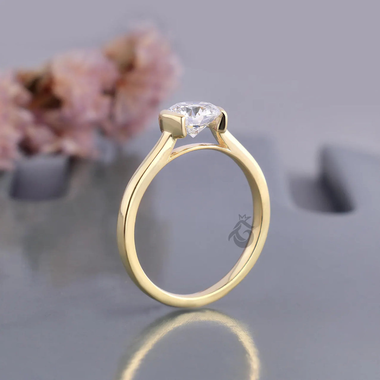 Half Bezel Lab Diamond Promise Ring, Dainty Solitaire Wedding Band for Her