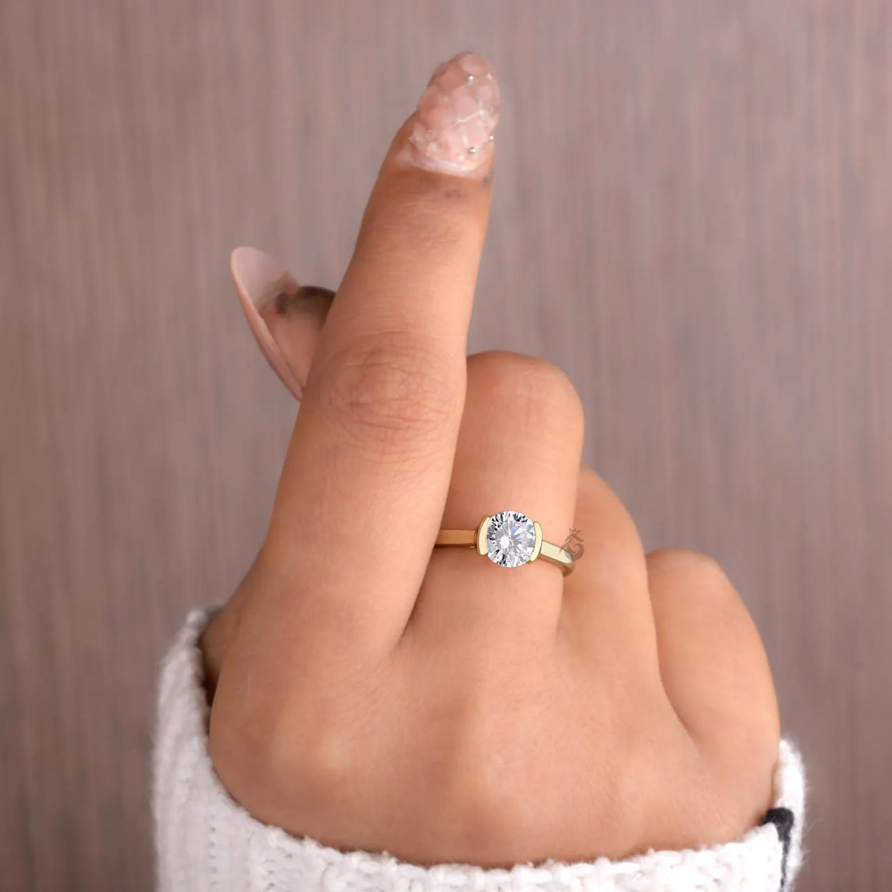 Half Bezel Lab Diamond Promise Ring, Dainty Solitaire Wedding Band for Her