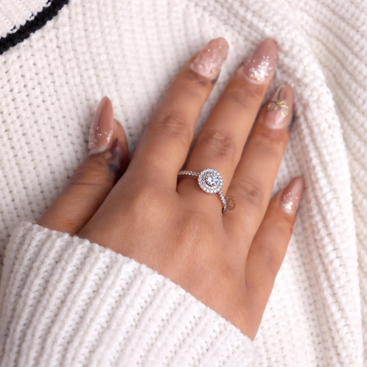Double Halo Lab Diamond Engagement Ring, IGI Certified Round Cut Ring