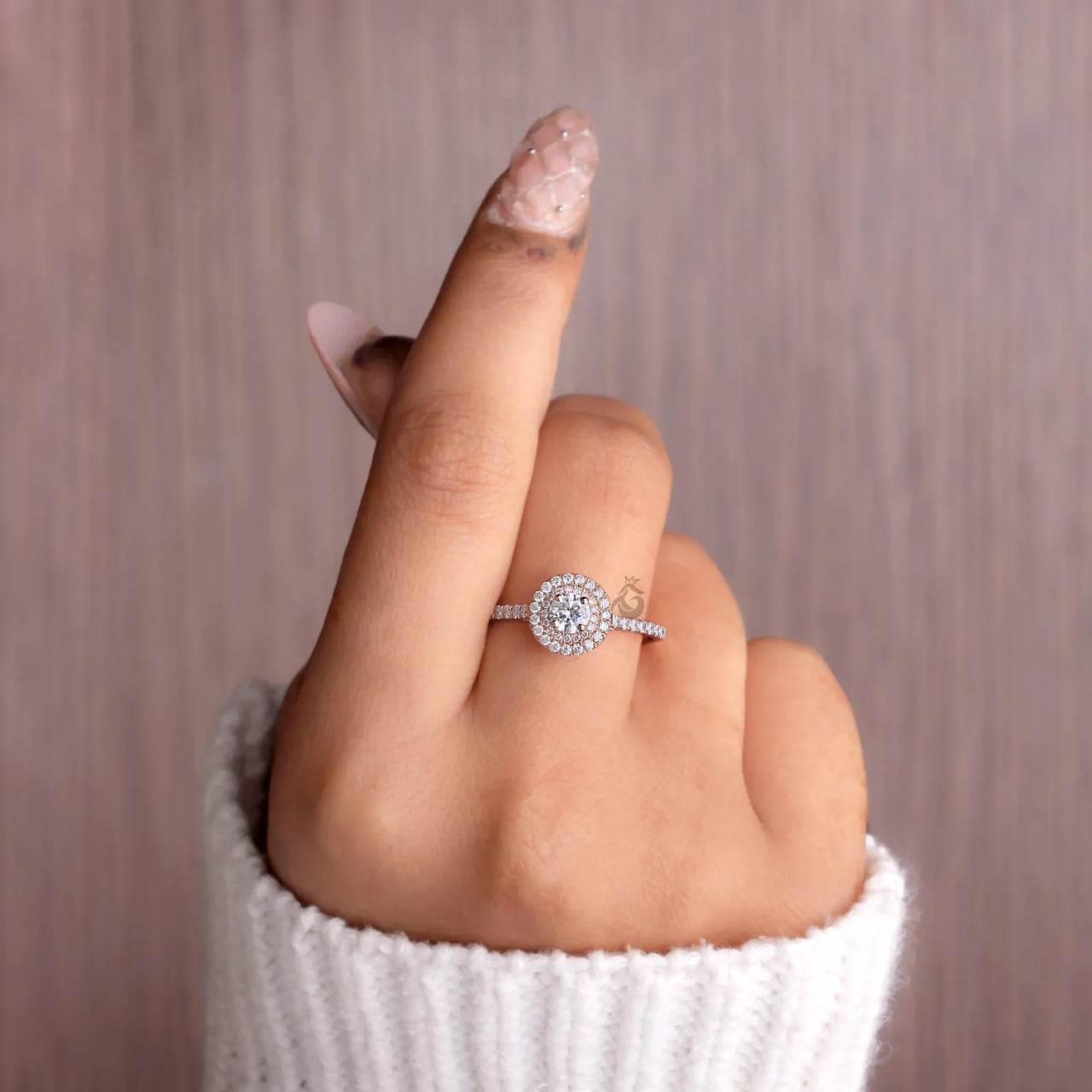 Double Halo Lab Diamond Engagement Ring, IGI Certified Round Cut Ring