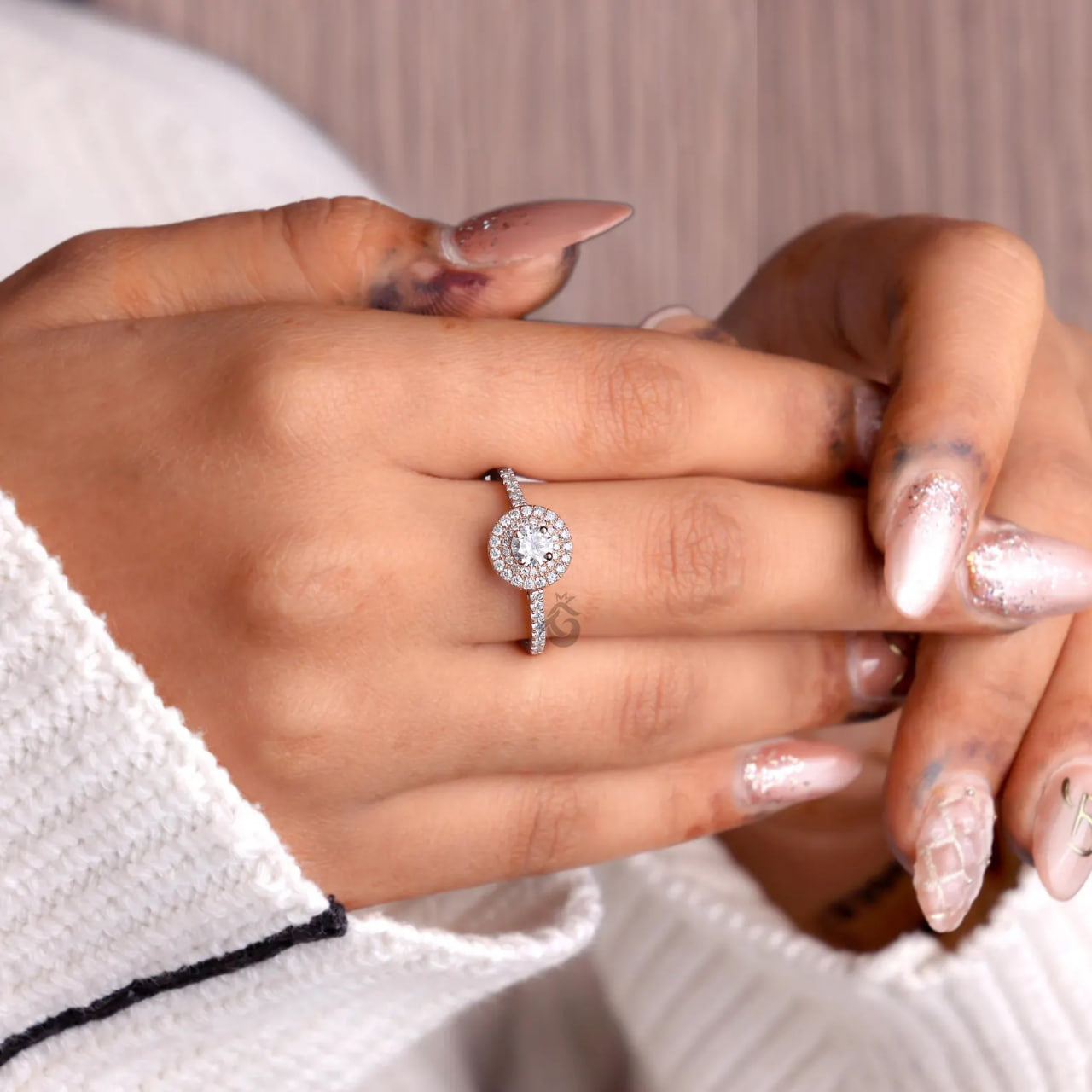 Double Halo Lab Diamond Engagement Ring, IGI Certified Round Cut Ring