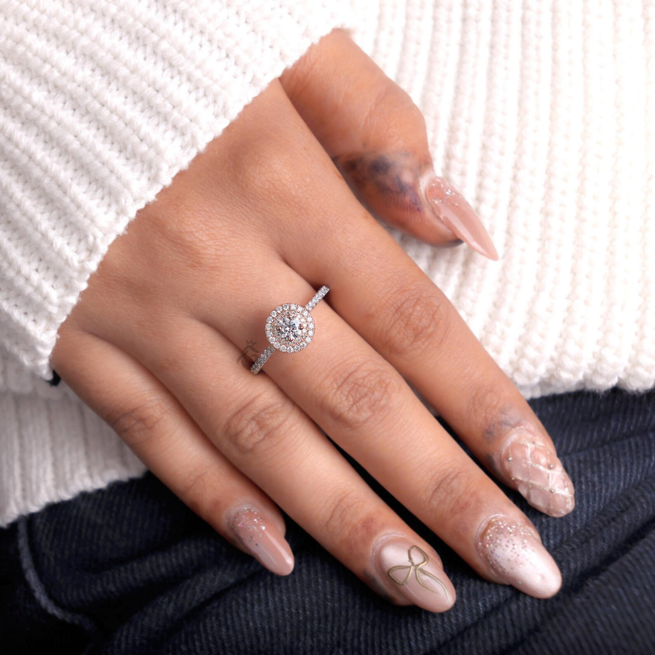 Double Halo Lab Diamond Engagement Ring, IGI Certified Round Cut Ring