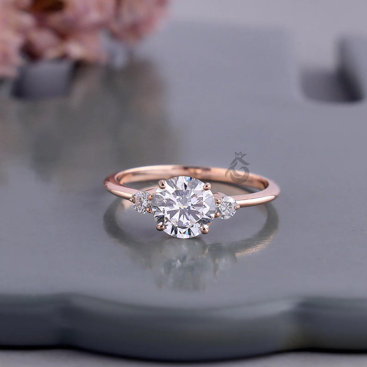 Round Three Stone Lab Diamond Ring, EF/VVS Promise Wedding Knife Edge Band