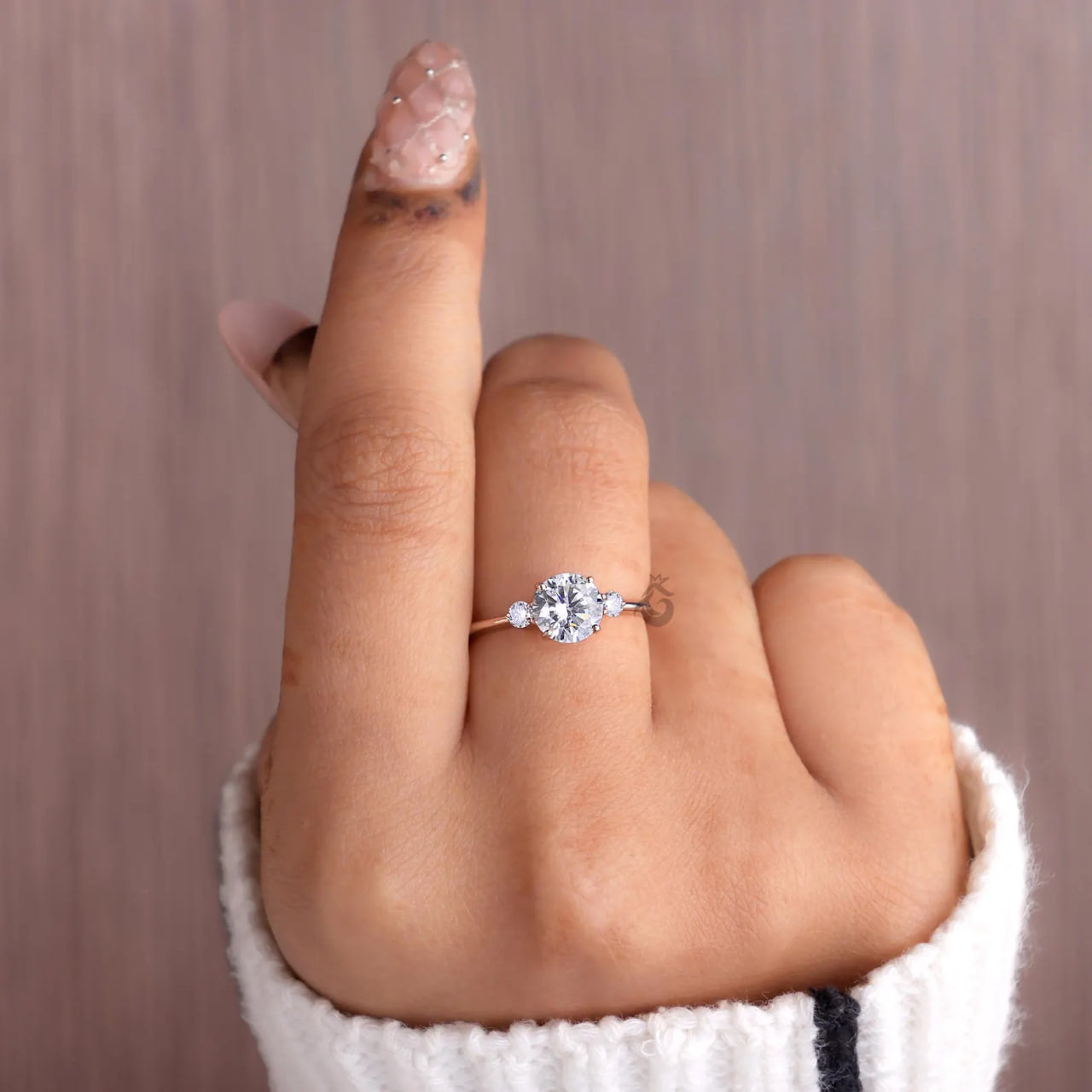 Round Three Stone Lab Diamond Ring, EF/VVS Promise Wedding Knife Edge Band