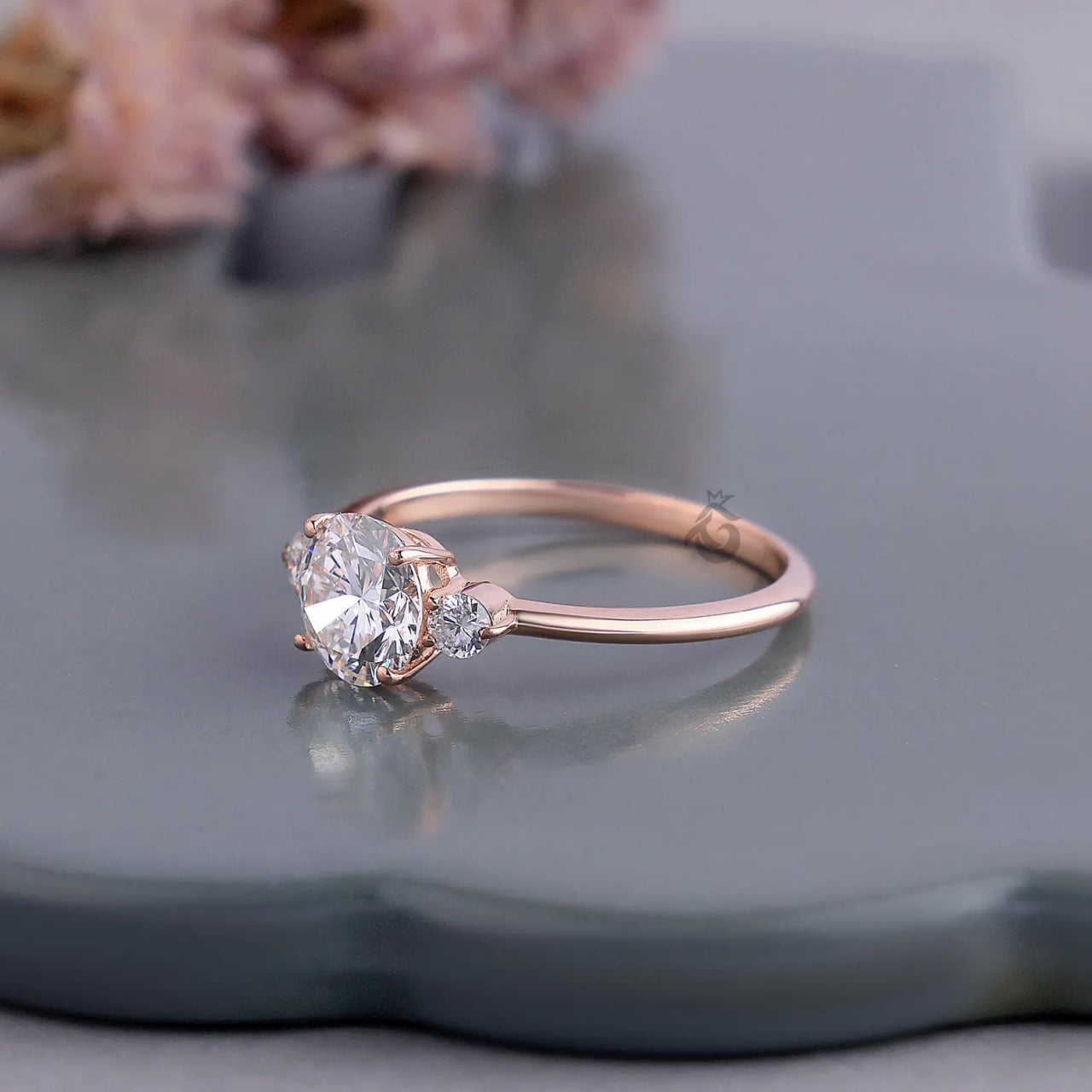 Round Three Stone Lab Diamond Ring, EF/VVS Promise Wedding Knife Edge Band