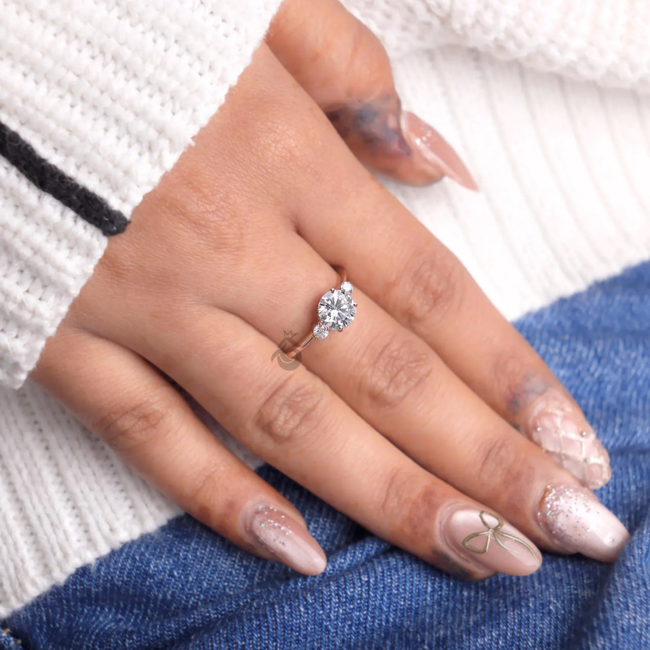Round Three Stone Lab Diamond Ring, EF/VVS Promise Wedding Knife Edge Band