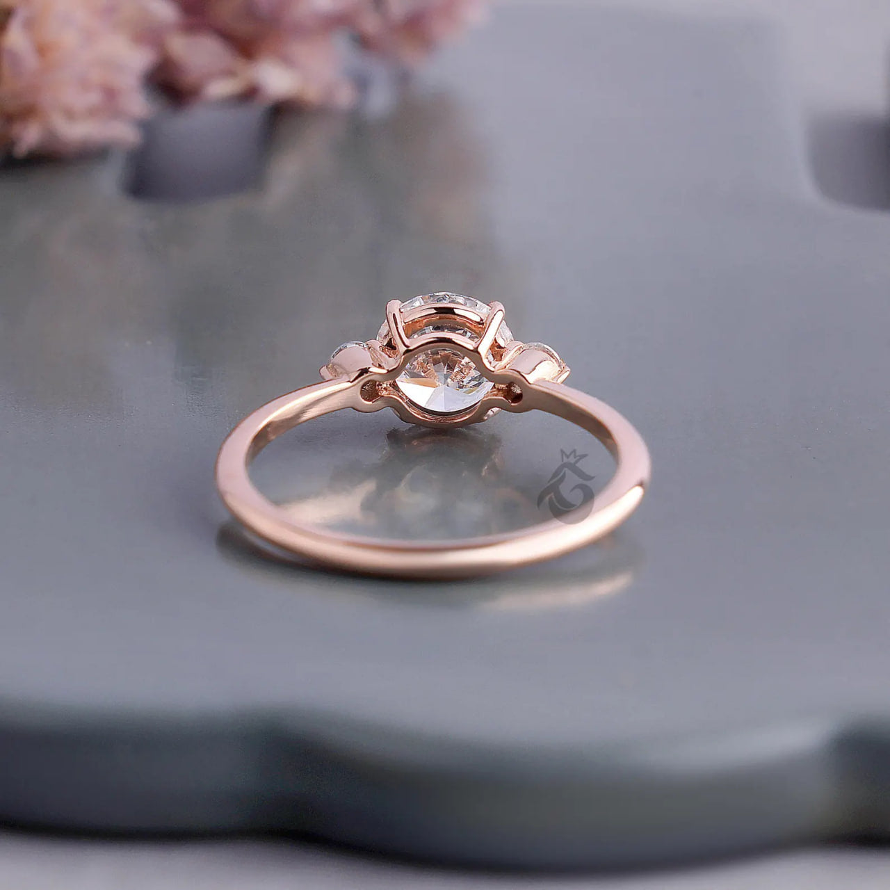 Round Three Stone Lab Diamond Ring, EF/VVS Promise Wedding Knife Edge Band