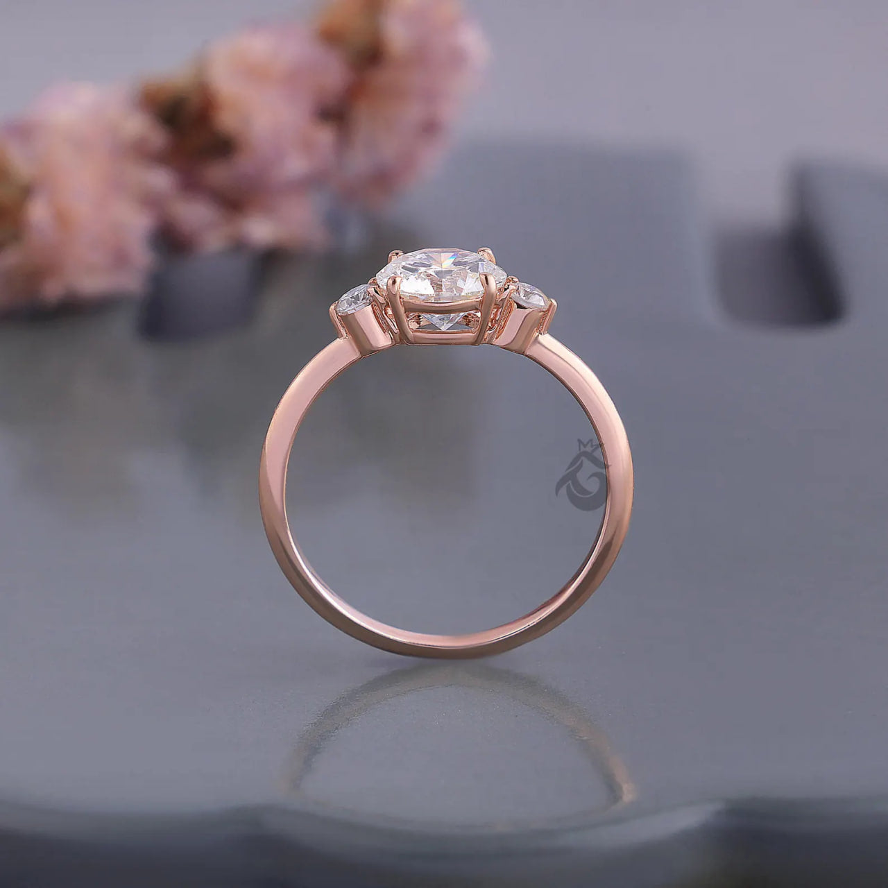 Round Three Stone Lab Diamond Ring, EF/VVS Promise Wedding Knife Edge Band