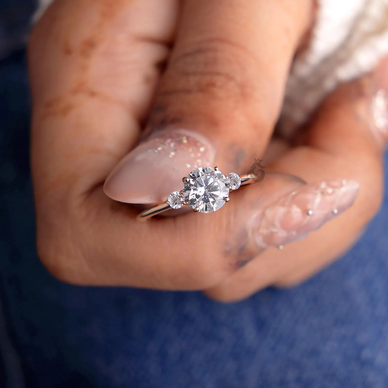 Round Three Stone Lab Diamond Ring, EF/VVS Promise Wedding Knife Edge Band