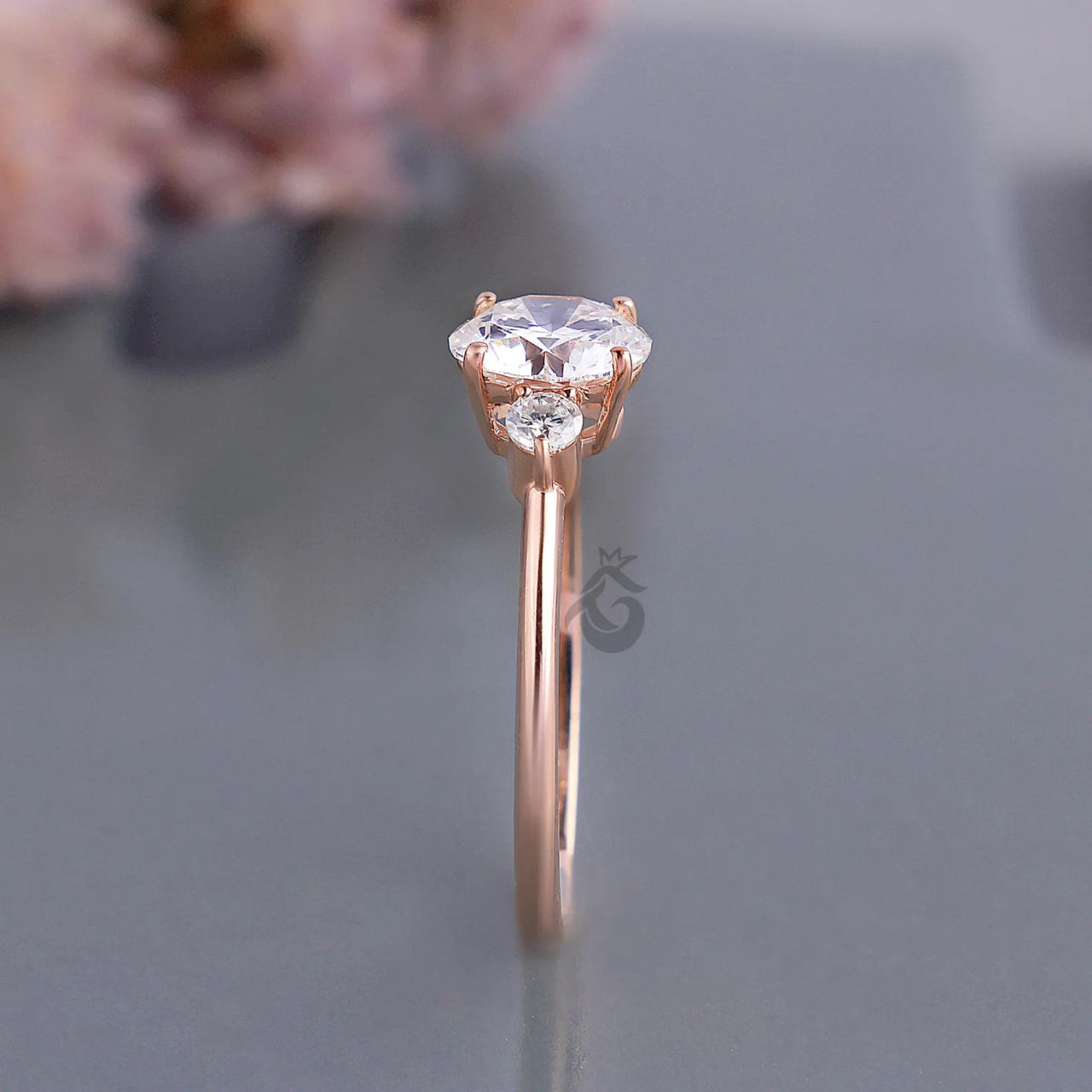 Round Three Stone Lab Diamond Ring, EF/VVS Promise Wedding Knife Edge Band