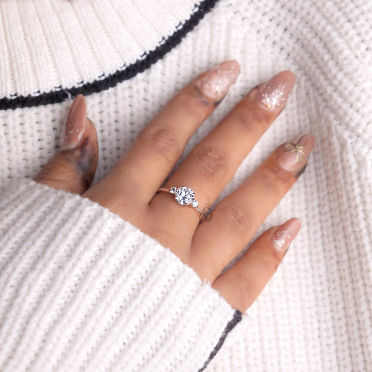 Round Three Stone Lab Diamond Ring, EF/VVS Promise Wedding Knife Edge Band