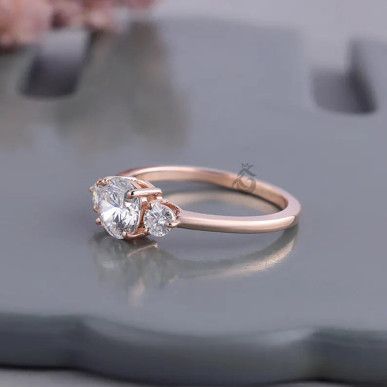 IGI Certified Three Stone Lab Diamond Ring, 14K Rose Gold Engagement Band
