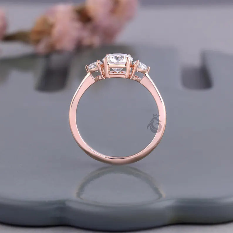 IGI Certified Three Stone Lab Diamond Ring, 14K Rose Gold Engagement Band