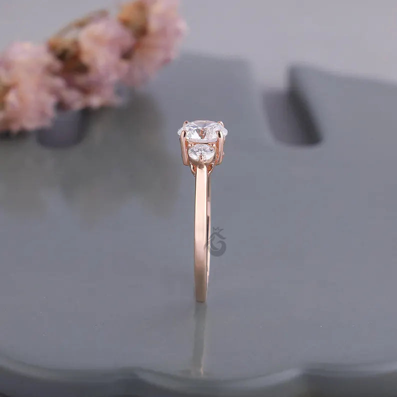 IGI Certified Three Stone Lab Diamond Ring, 14K Rose Gold Engagement Band
