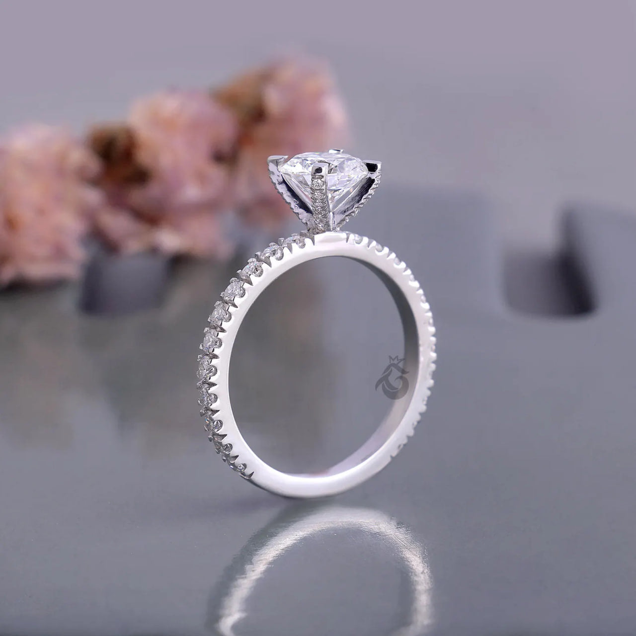 1.00 CT E/VVS Round Lab Diamond Ring, IGI Certified Pave Solitaire Engagement