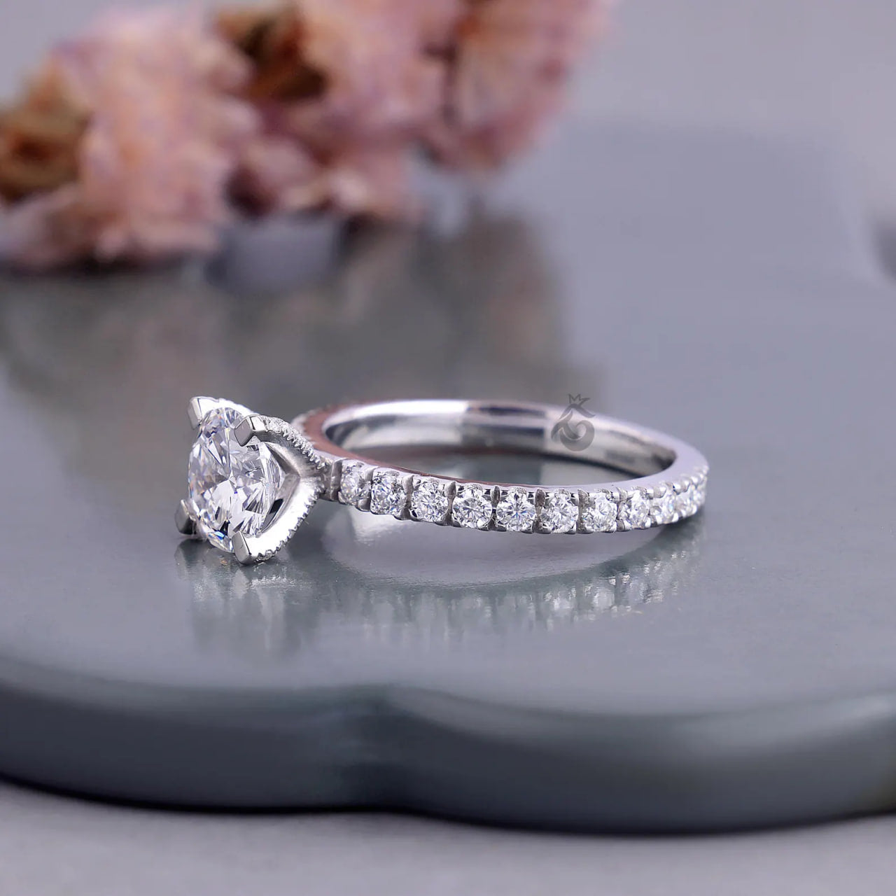1.00 CT E/VVS Round Lab Diamond Ring, IGI Certified Pave Solitaire Engagement