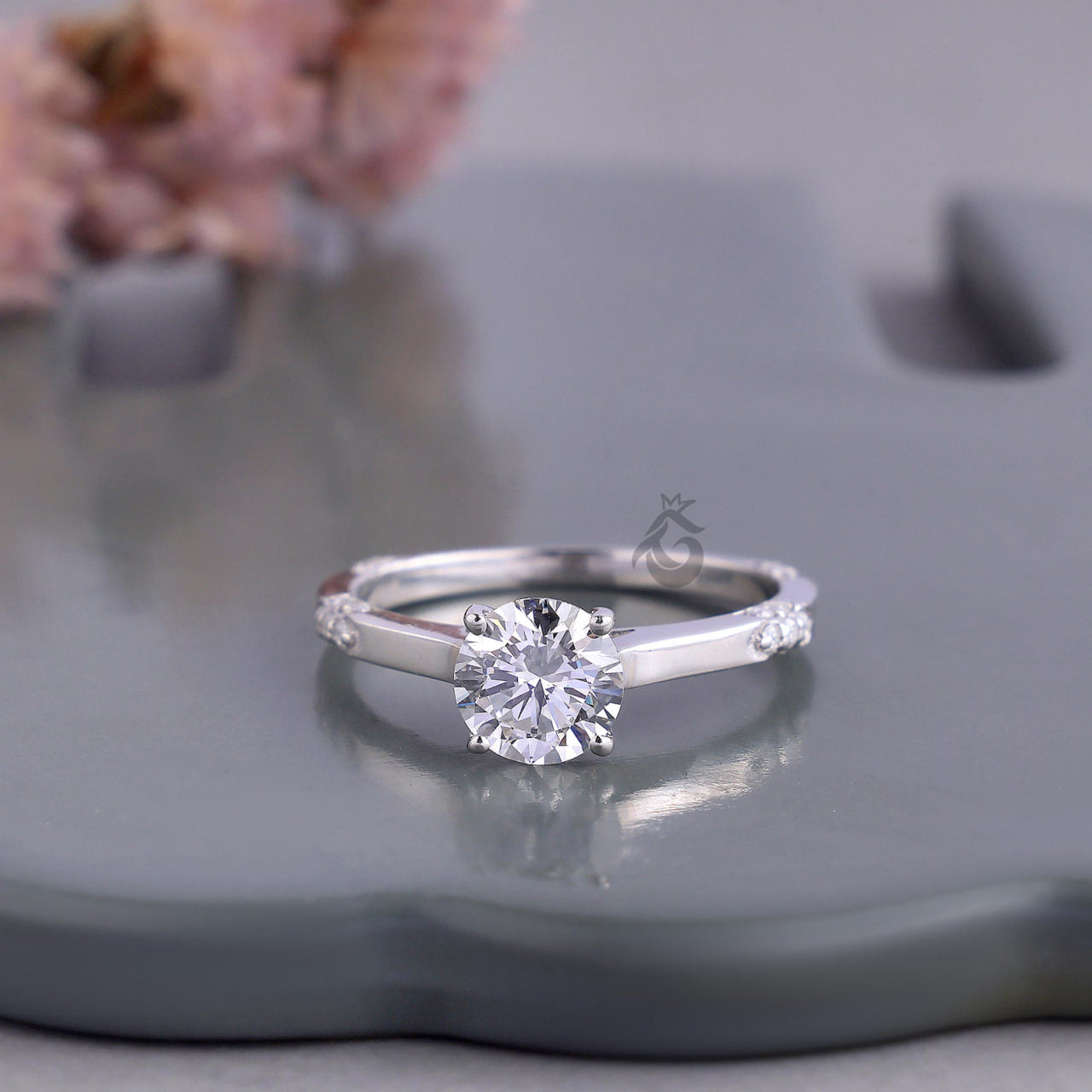Lab Grown Round Diamond Solitaire Ring with Side Accents, Handmade Gift Ring
