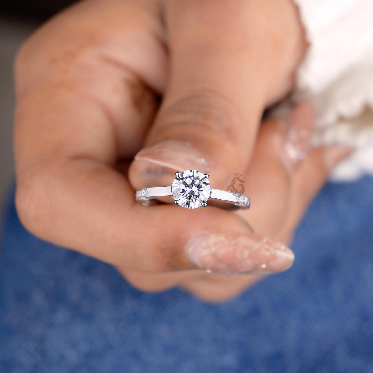 Lab Grown Round Diamond Solitaire Ring with Side Accents, Handmade Gift Ring