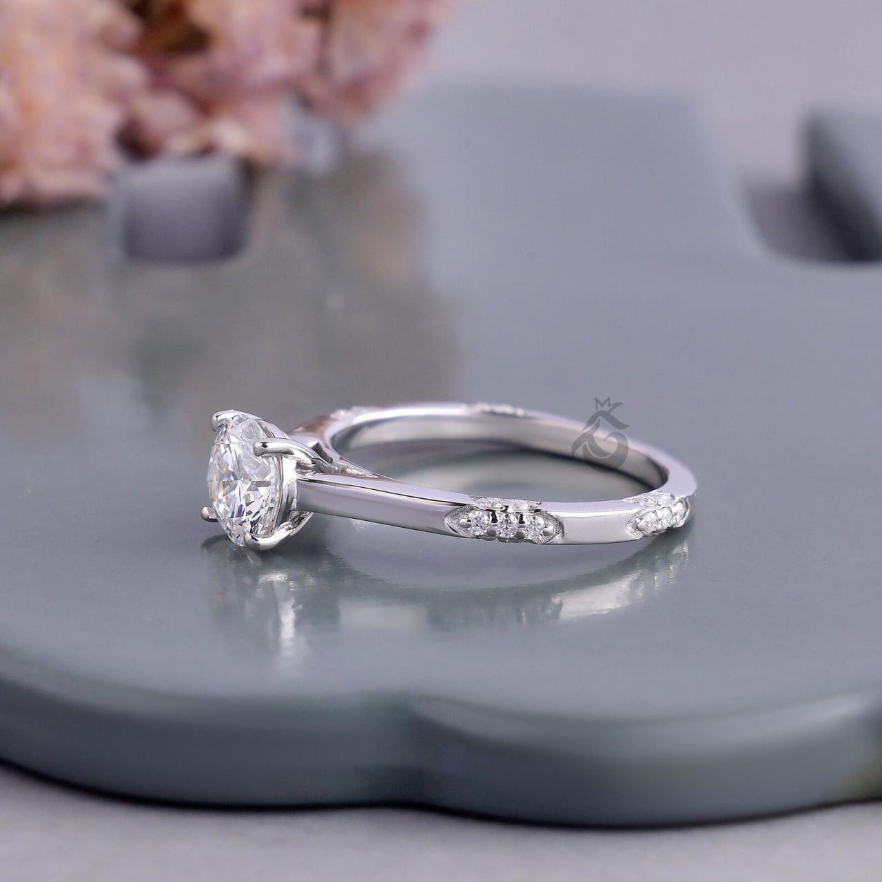Lab Grown Round Diamond Solitaire Ring with Side Accents, Handmade Gift Ring