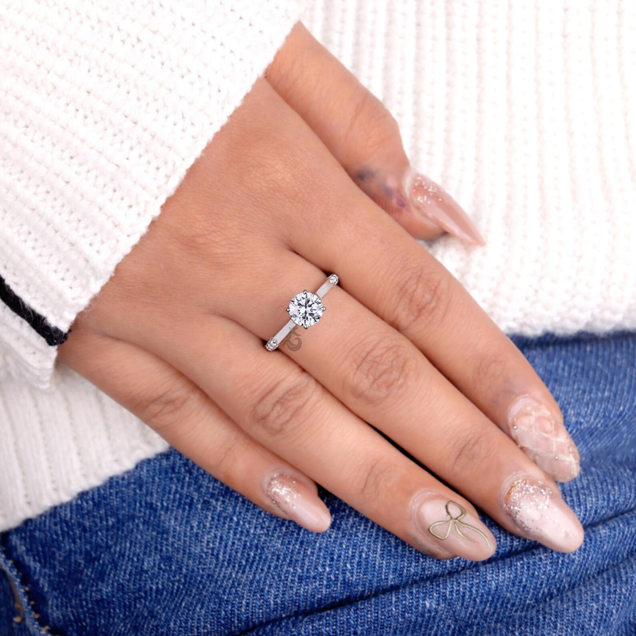 Lab Grown Round Diamond Solitaire Ring with Side Accents, Handmade Gift Ring