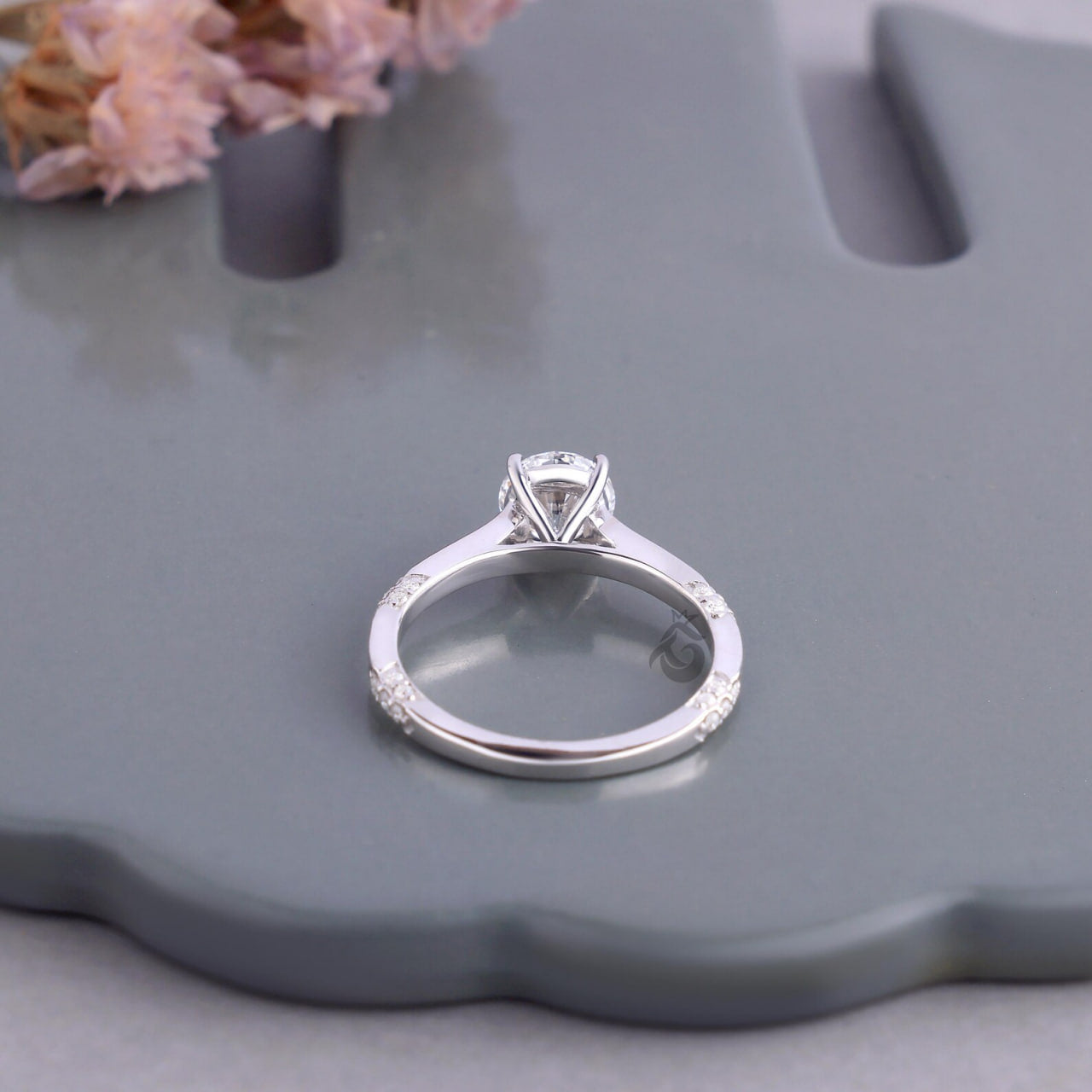 Lab Grown Round Diamond Solitaire Ring with Side Accents, Handmade Gift Ring
