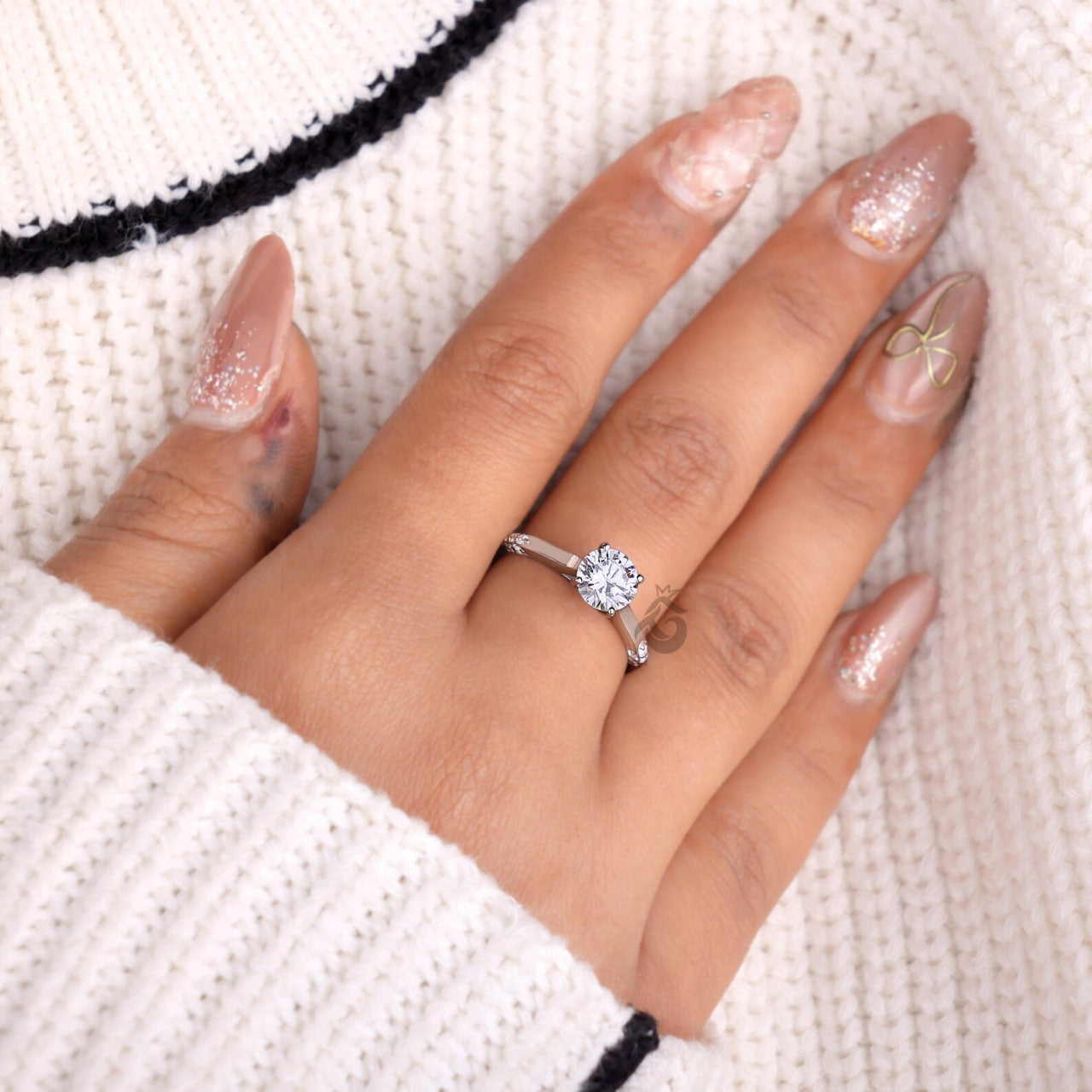 Lab Grown Round Diamond Solitaire Ring with Side Accents, Handmade Gift Ring