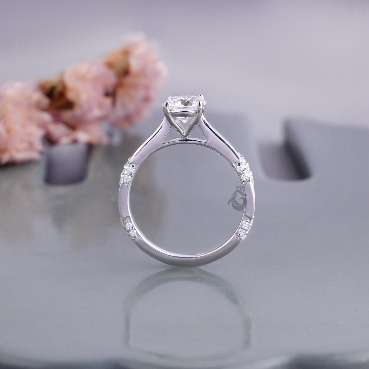 Lab Grown Round Diamond Solitaire Ring with Side Accents, Handmade Gift Ring