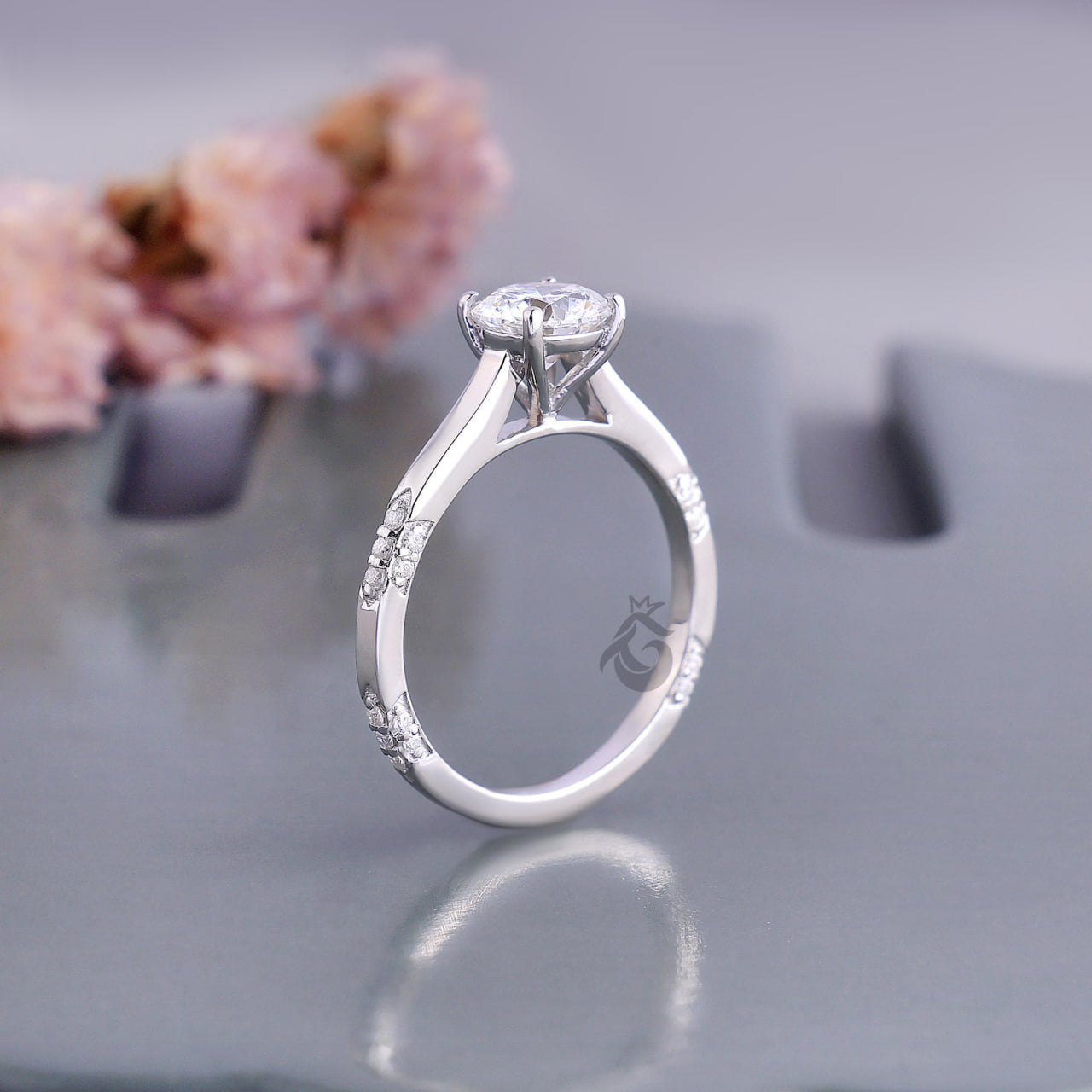 Lab Grown Round Diamond Solitaire Ring with Side Accents, Handmade Gift Ring