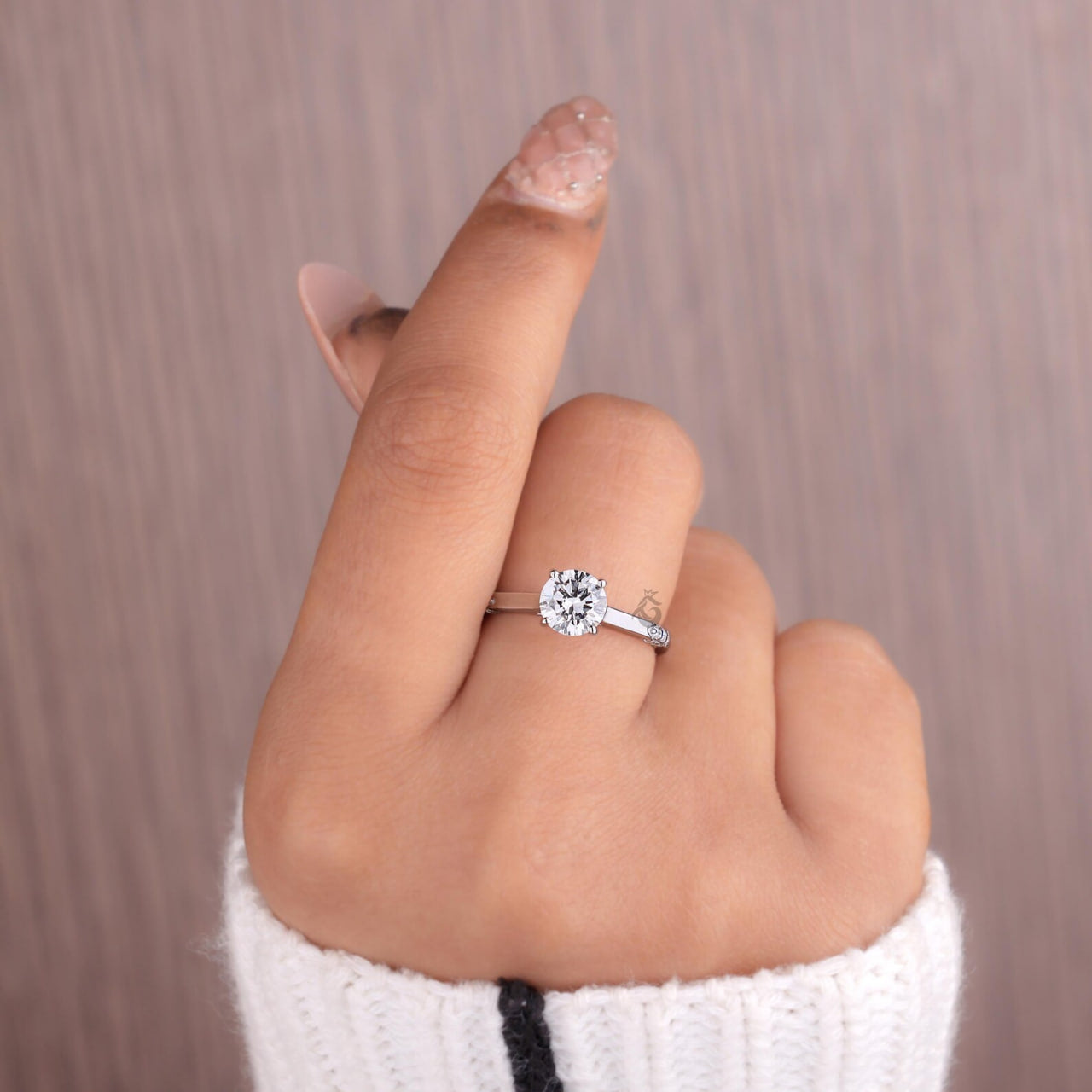 Lab Grown Round Diamond Solitaire Ring with Side Accents, Handmade Gift Ring