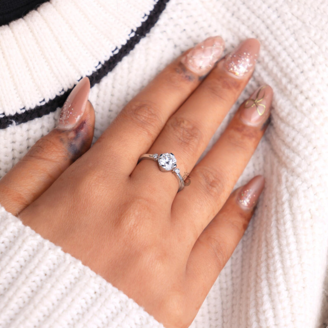 Semi Bezel Round Lab Diamond Engagement Ring with Side Accents, Gold Bridal Ring