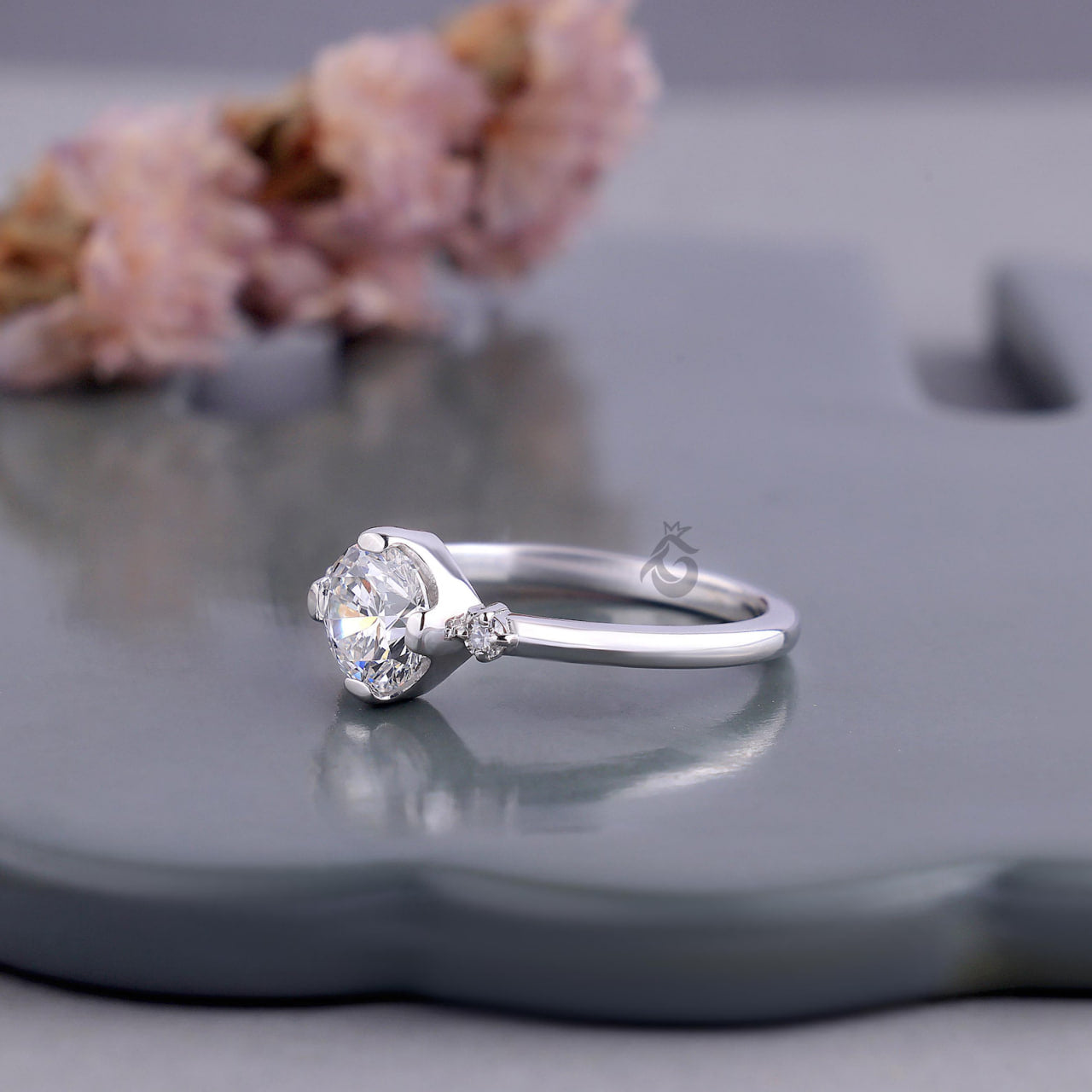 Semi Bezel Round Lab Diamond Engagement Ring with Side Accents, Gold Bridal Ring