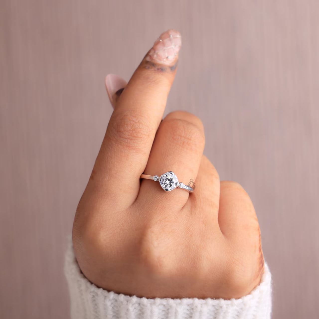 Semi Bezel Round Lab Diamond Engagement Ring with Side Accents, Gold Bridal Ring