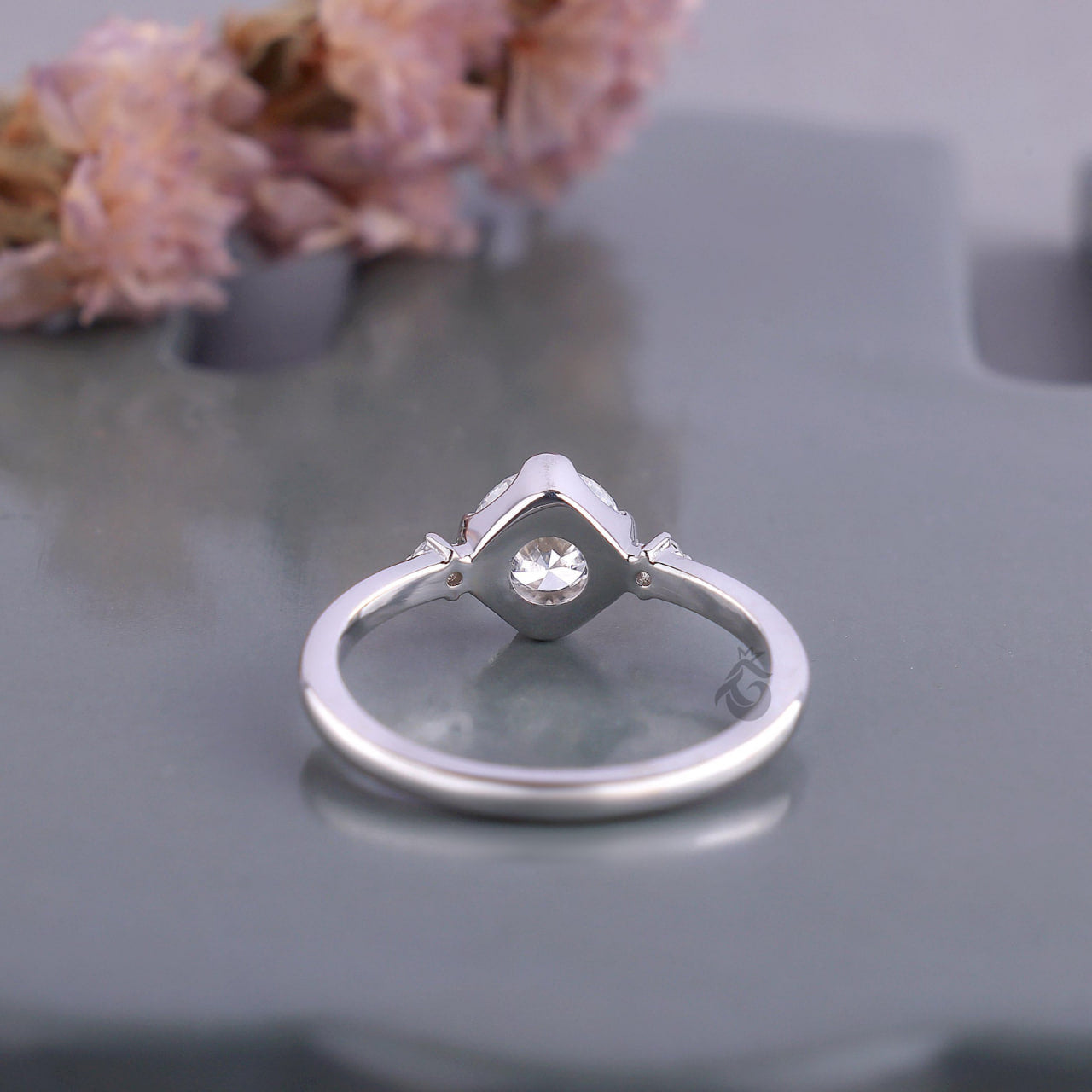 Semi Bezel Round Lab Diamond Engagement Ring with Side Accents, Gold Bridal Ring