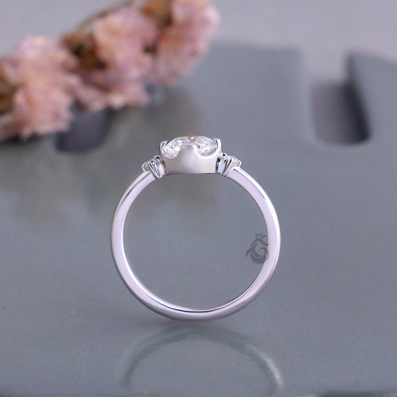 Semi Bezel Round Lab Diamond Engagement Ring with Side Accents, Gold Bridal Ring