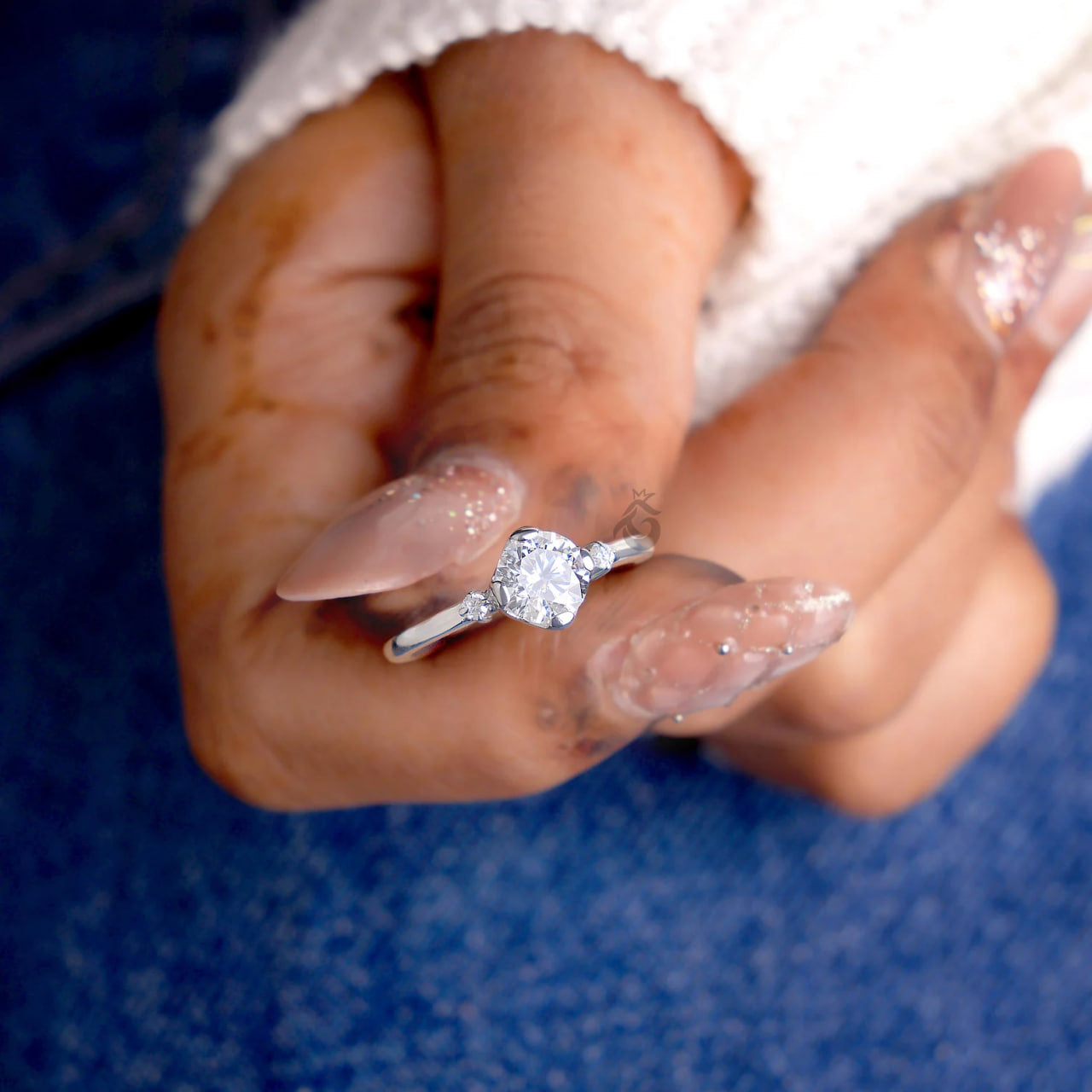 Semi Bezel Round Lab Diamond Engagement Ring with Side Accents, Gold Bridal Ring