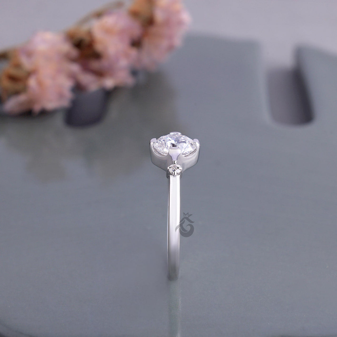 Semi Bezel Round Lab Diamond Engagement Ring with Side Accents, Gold Bridal Ring