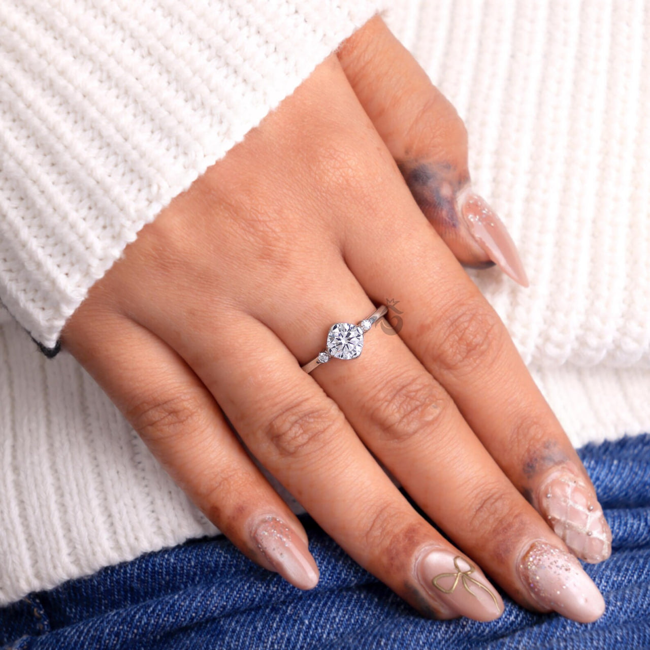 Semi Bezel Round Lab Diamond Engagement Ring with Side Accents, Gold Bridal Ring