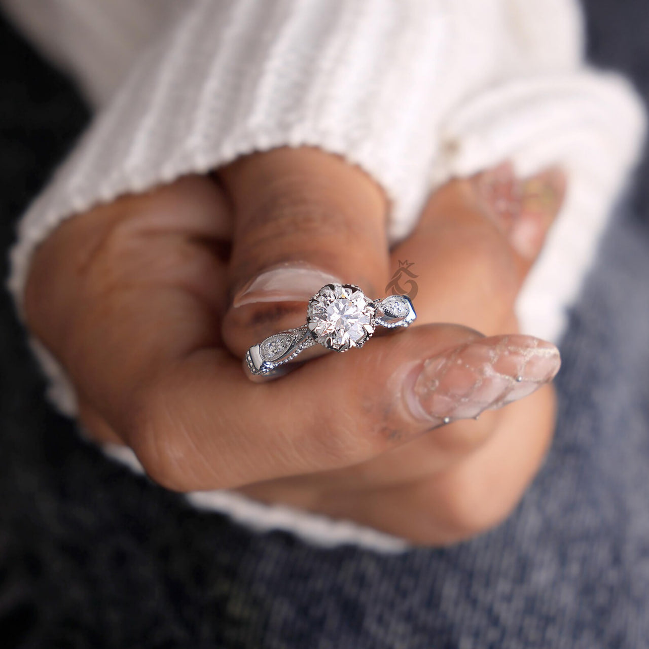 Vintage Round Lab Diamond Engagement Ring, IGI Certified Milgrain Wedding Ring