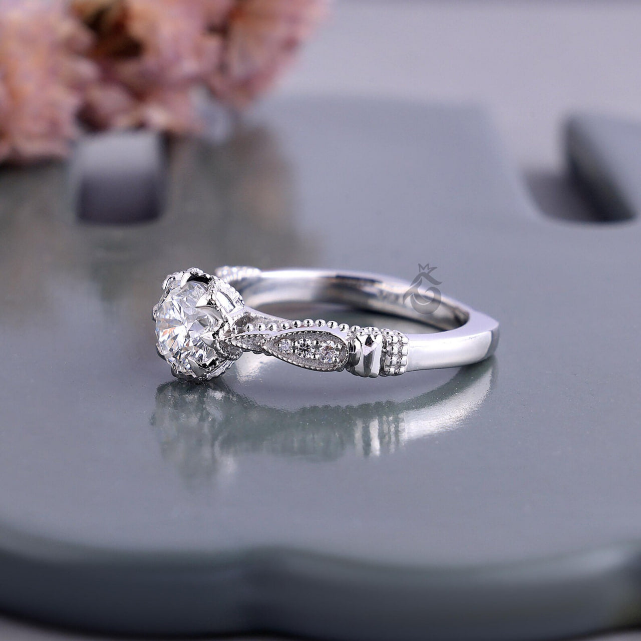 Vintage Round Lab Diamond Engagement Ring, IGI Certified Milgrain Wedding Ring