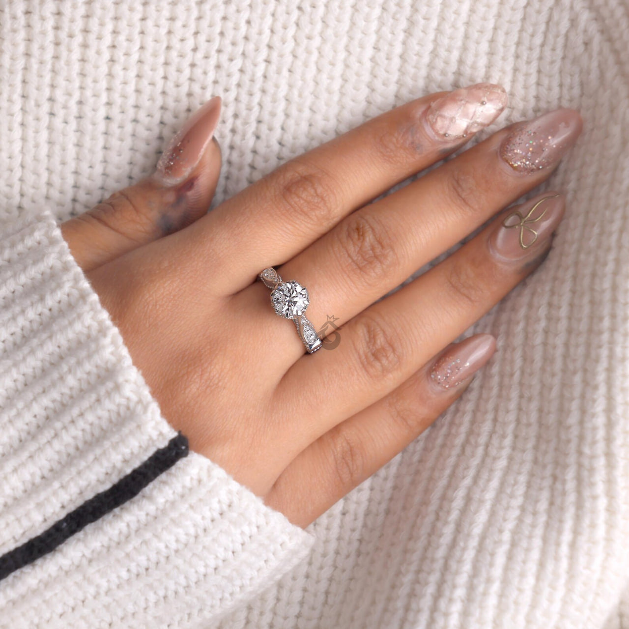 Vintage Round Lab Diamond Engagement Ring, IGI Certified Milgrain Wedding Ring