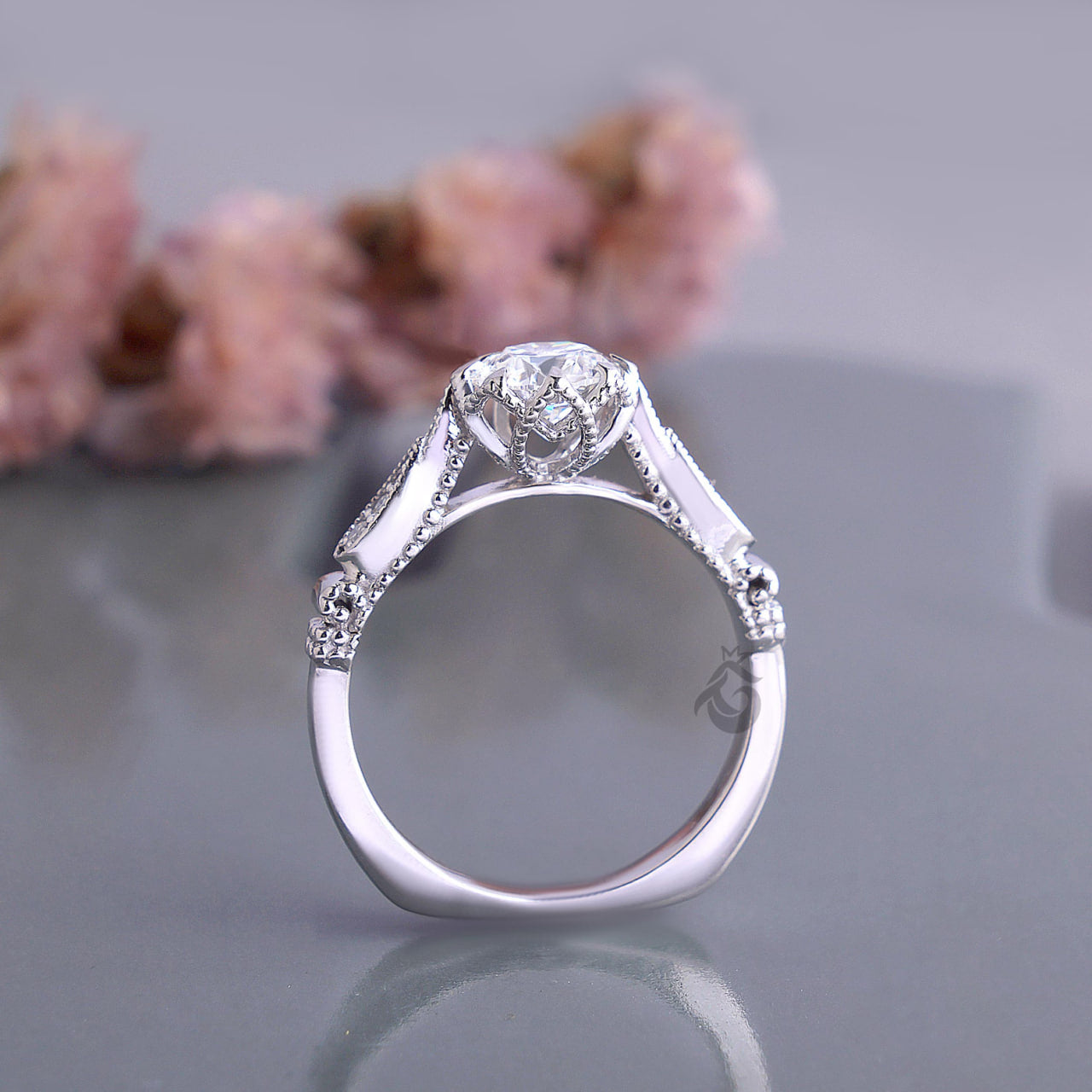 Vintage Round Lab Diamond Engagement Ring, IGI Certified Milgrain Wedding Ring