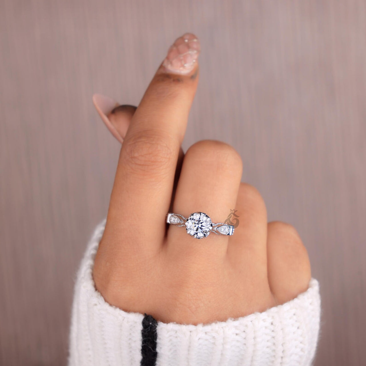Vintage Round Lab Diamond Engagement Ring, IGI Certified Milgrain Wedding Ring