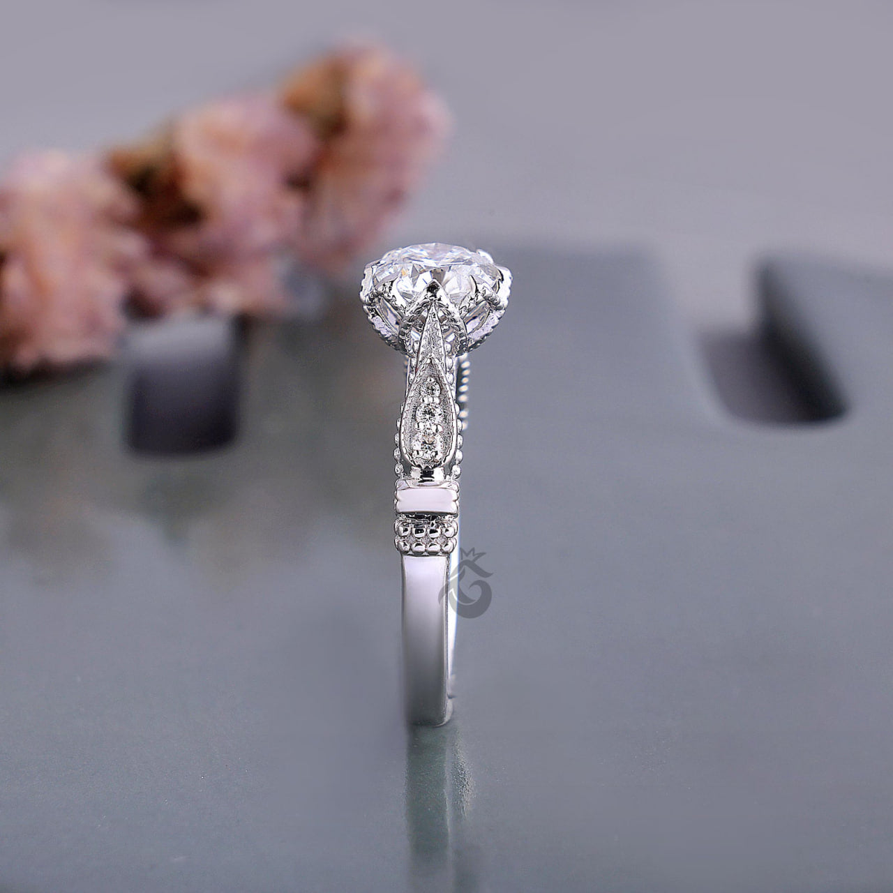 Vintage Round Lab Diamond Engagement Ring, IGI Certified Milgrain Wedding Ring